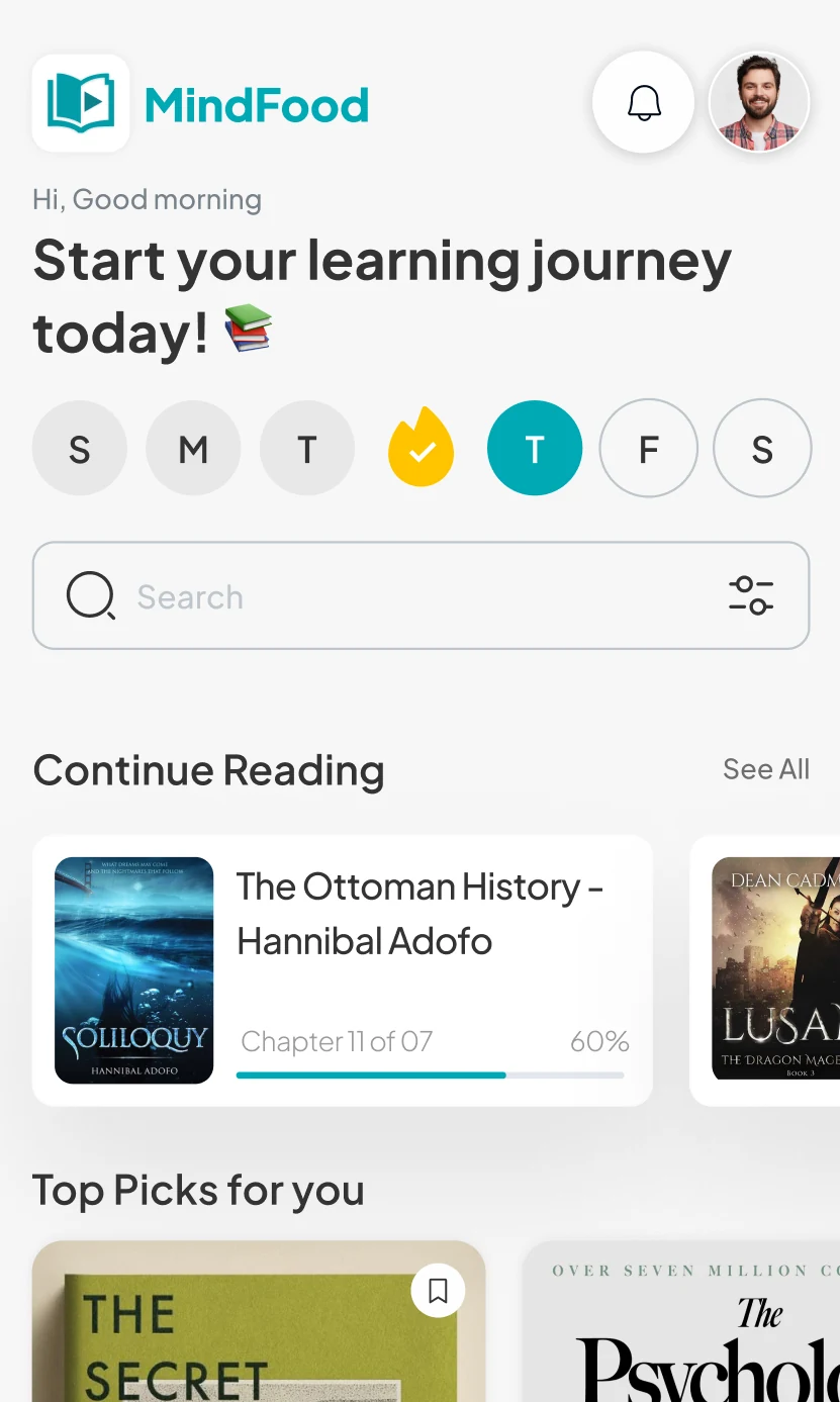 The MindFood home screen showing a daily streak, Continue Reading, and Top Picks